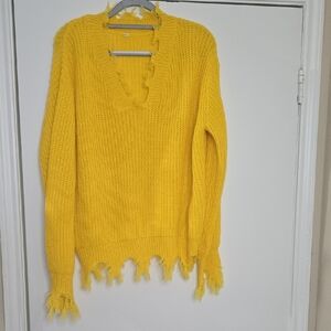 Yellow V-Neck Frayed Hem Sweater